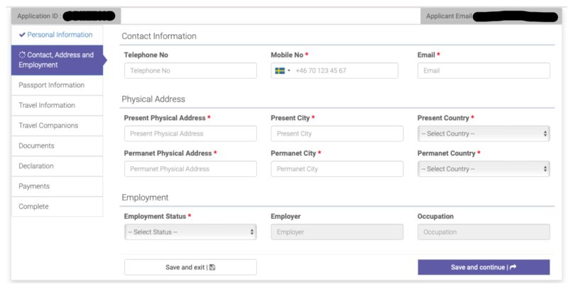 Ans&ouml;kan visum Tanzania steg 4 &ndash; fyll i obligatoriska uppgifter