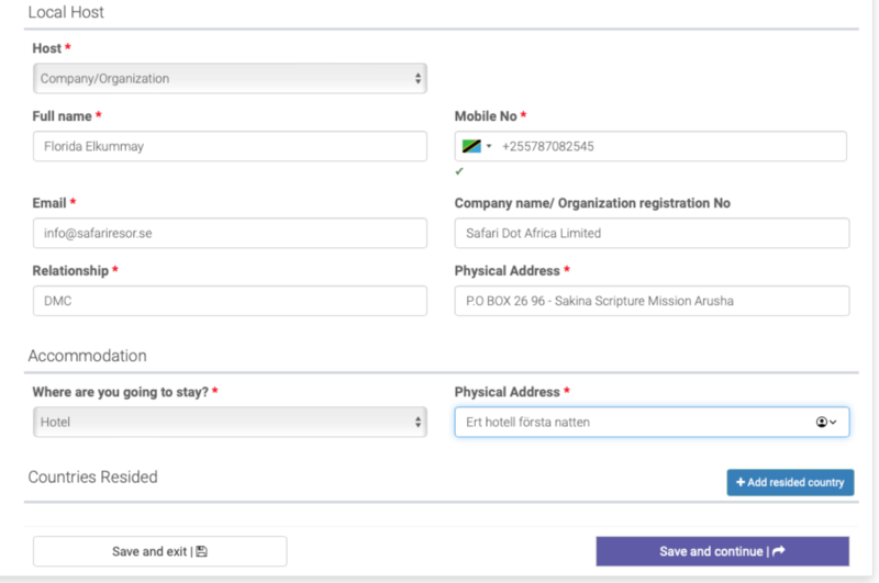 Ans&ouml;kan visum Tanzania steg 7 &ndash; skriv in namn p&aring; f&ouml;rsta boende